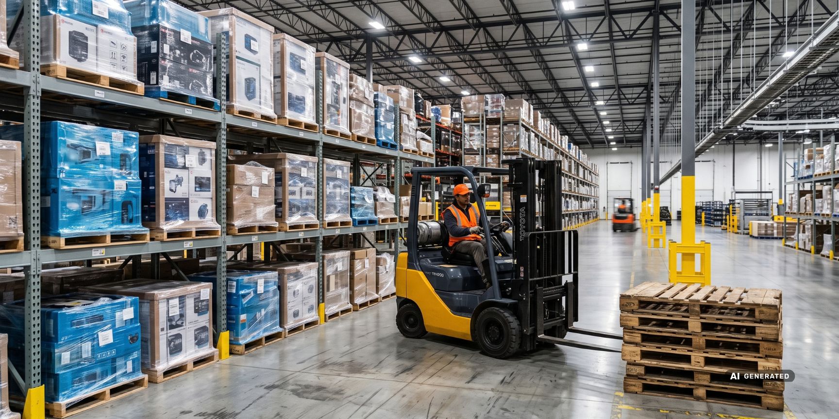 Innenansicht Logistikhalle: Ein Gabelstapler lagert günstige Standardware aus, während teure Wertgüter im Regal verbleiben. Visualisiert das LOFO-Prinzip.